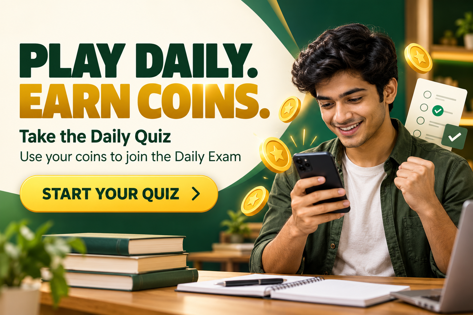 Play daily, earn coins, and use them to join the Daily Exam.